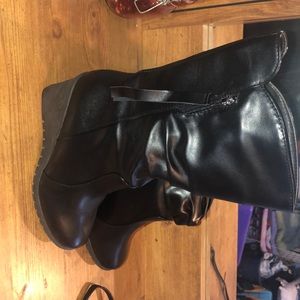 Black leather wedge booties